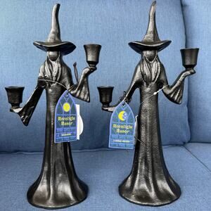 Moonlight Manor Witch Candle Holder Pair Black Metal Viral Halloween NEW